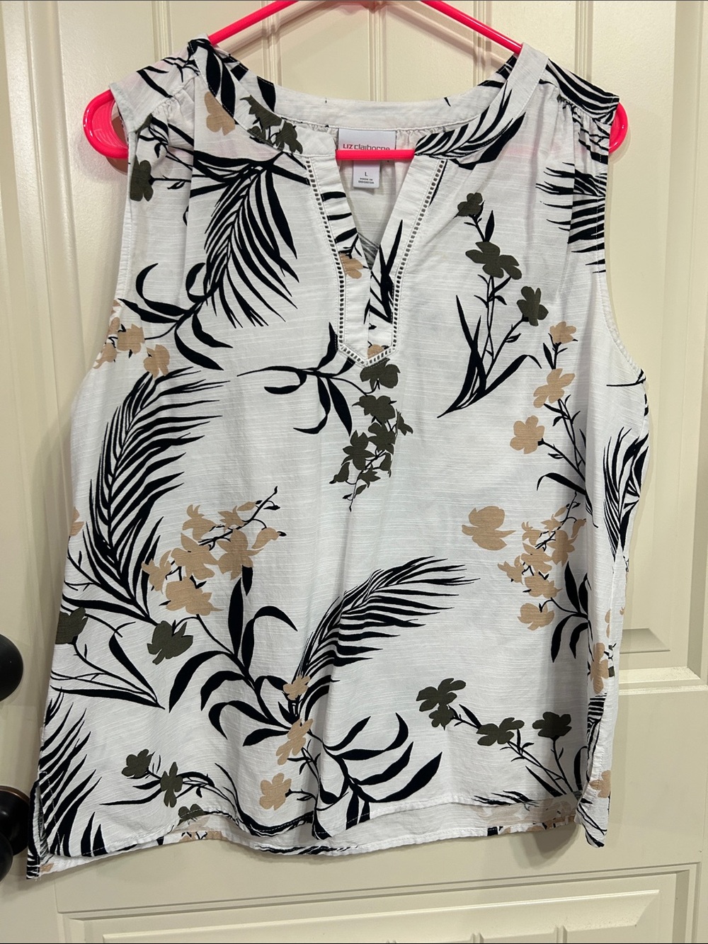 Liz Claiborne White Floral Palm Print Sleeveless Top Size L #210